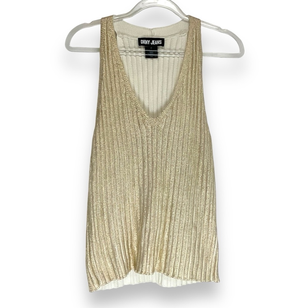DKNY Top Gold Cable Knit Tank V Neck Sleeveless Sweater Shirt Size Large NWOT